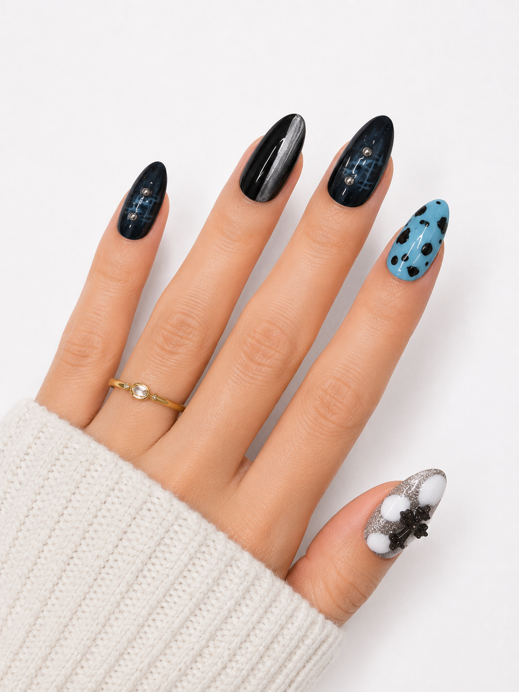Gothic Blue Cross Press-On Nails – Black Chrome Alt Nail Set – Edgy Y2K Punk Glam Nails – Luxury Statement Press-