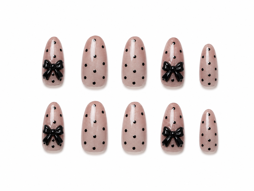 Naile Haus Noir Coquette Press-On Nails | Black Bow Polka Dot Nude Pink Luxury Nail Set