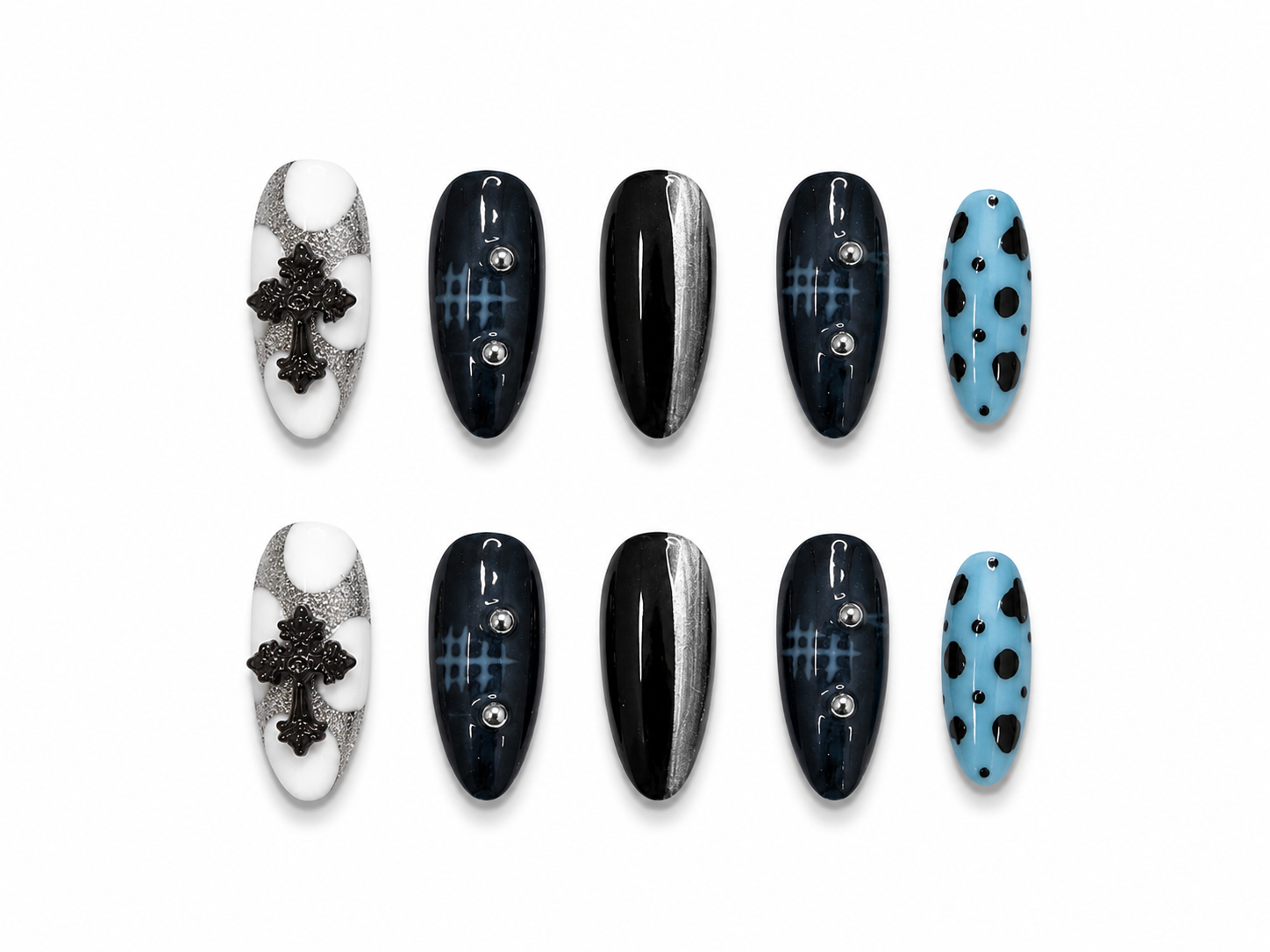 Gothic Blue Cross Press-On Nails – Black Chrome Alt Nail Set – Edgy Y2K Punk Glam Nails – Luxury Statement Press-