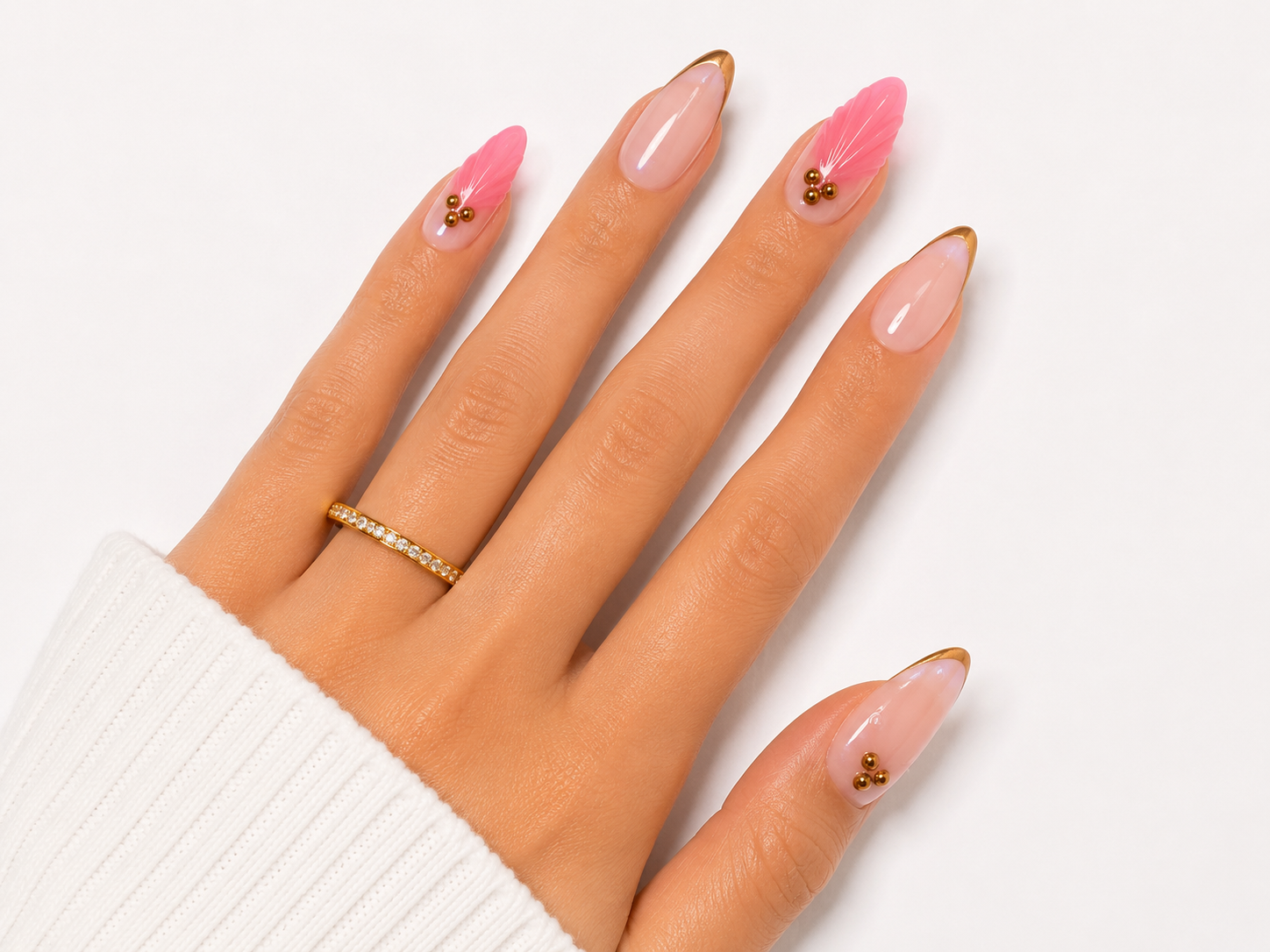 Pink Mermaid Shell Press On Nails | Gold Outline Aura Nails | Luxury Pearl Coquette Nail Set