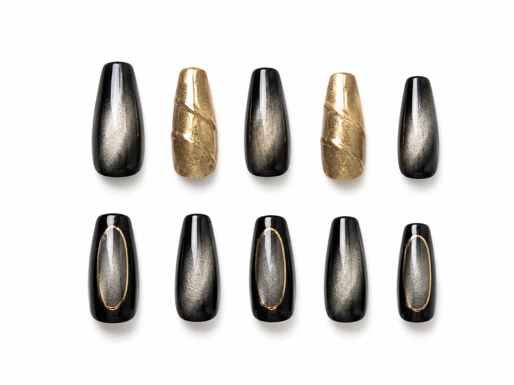 Black Chrome Cat Eye Press On Nails Gold Accent Coffin Nails Luxury Glossy Reusable Nail Set