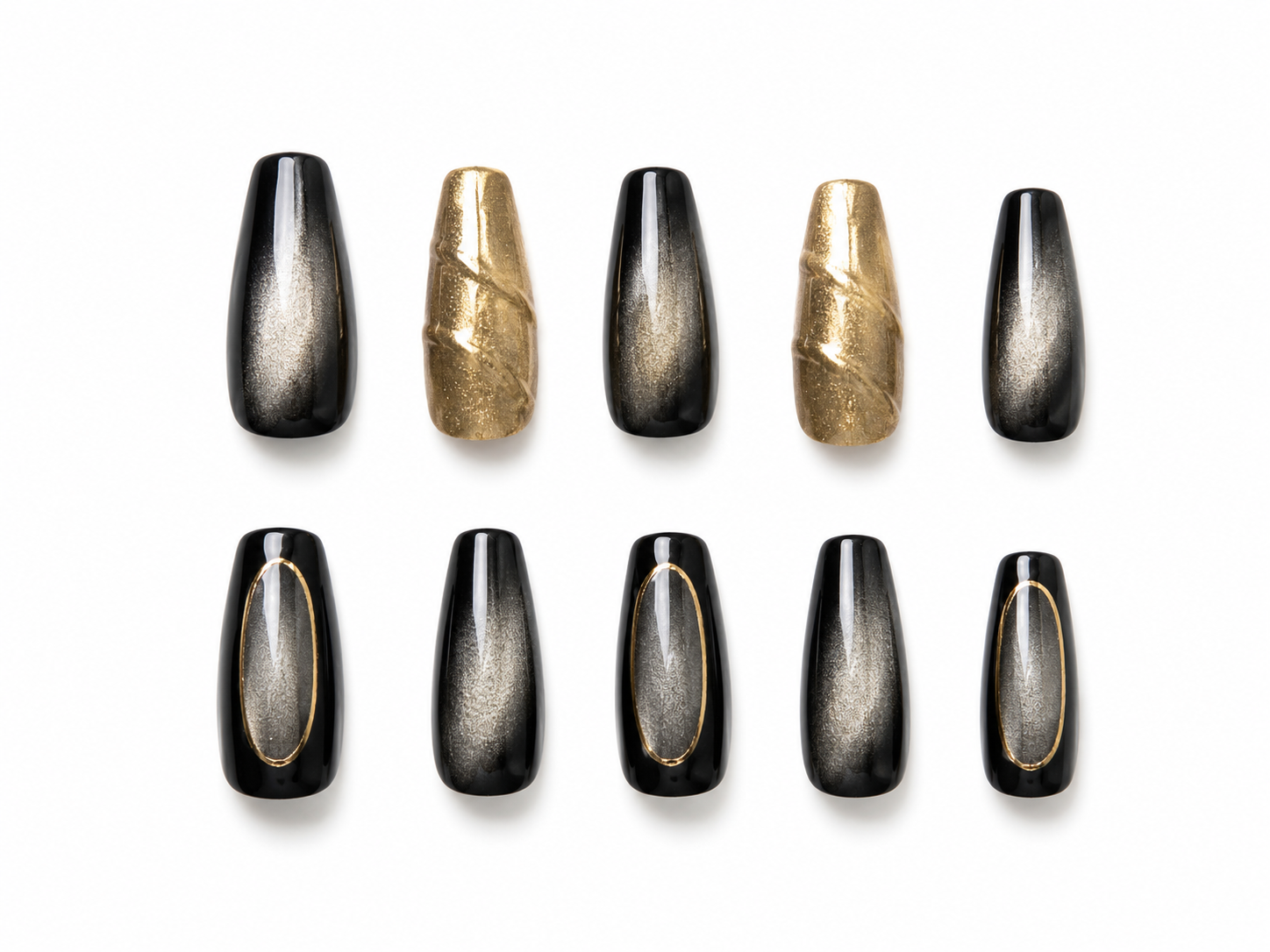 Black Chrome Cat Eye Press On Nails Gold Accent Coffin Nails Luxury Glossy Reusable Nail Set