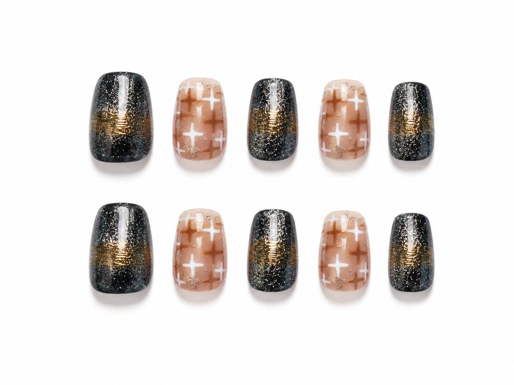 Black Gold Plaid Press On Nails | Neutral Checkered Glitter Nails | Luxury Short Square Nail