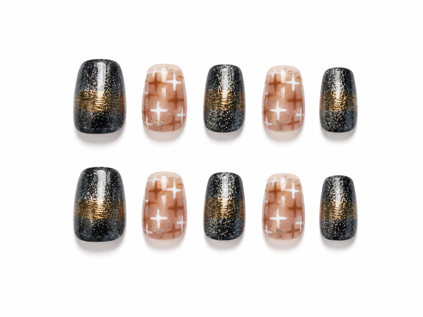 Black Gold Plaid Press On Nails | Neutral Checkered Glitter Nails | Luxury Short Square Nail