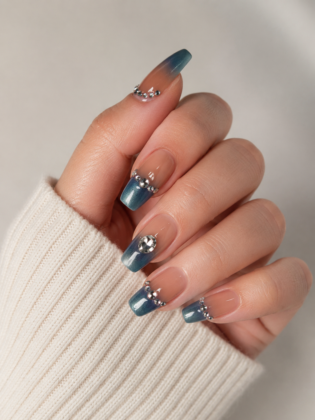 Blue Ombre Press On Nails with Rhinestones | Glam French Fade Nails | Luxury Long Coffin Nail Set
