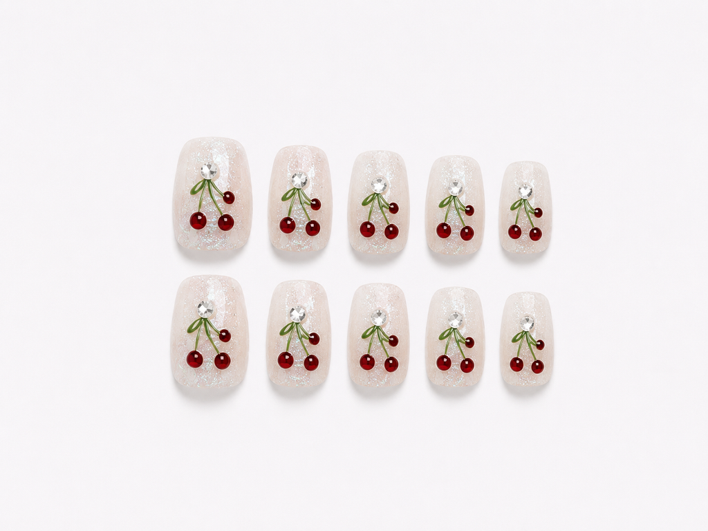 Naile Haus Cherry Blossom Press-On Nails | White Glitter Cherry Nail Art Rhinestone Kawaii Luxury Nail Set