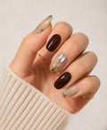 Chocolate Brown & Gold Flake Press-On Nails – Luxury Neutral Glam Nails – Crystal Accent Almond Nail Set – Elegant Glossy Press-Ons