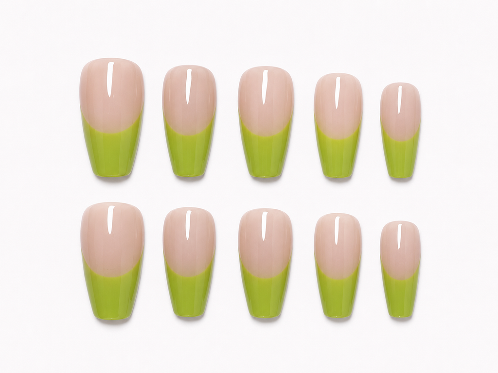 Lime Green French Tip Press On Nails Nude Glossy Long Square Y2K Nail Set