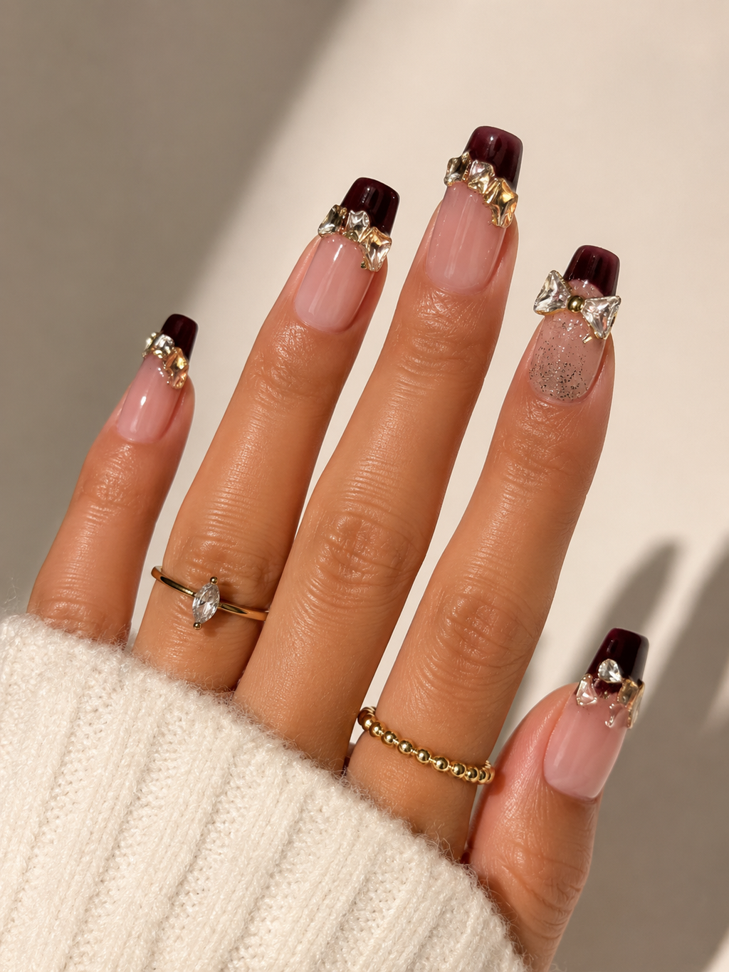 Blush Pink & Burgundy French Tip Press-On Nails – Gold Crystal Bow Nail Set – Luxury Glam Press-On Nails